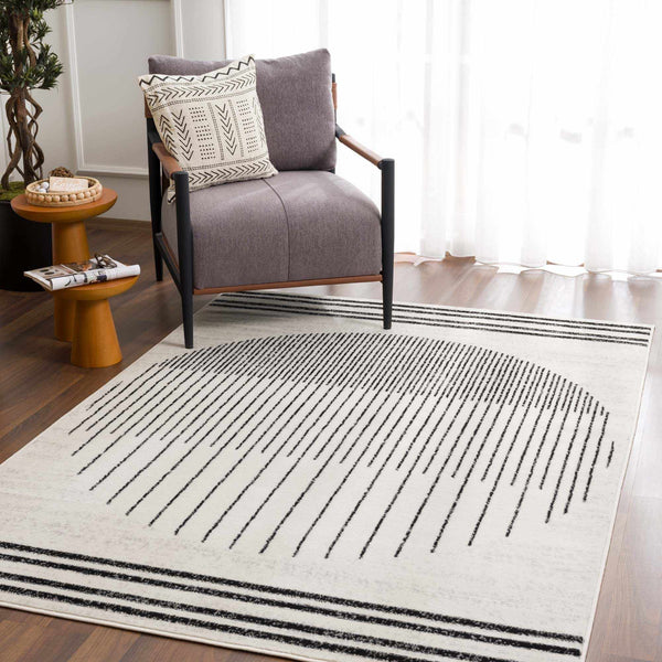Black & Cream Abstract Geometric Stripe Area Rug