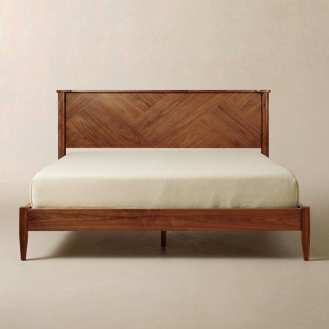 Chevron-Panel Solid Wood Bed Frame — Solid wood bed frame with chevron headboard and mid-century tapered legs