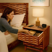 Relief-Carved Rubber Wood Nightstand — close-up of label and production detail