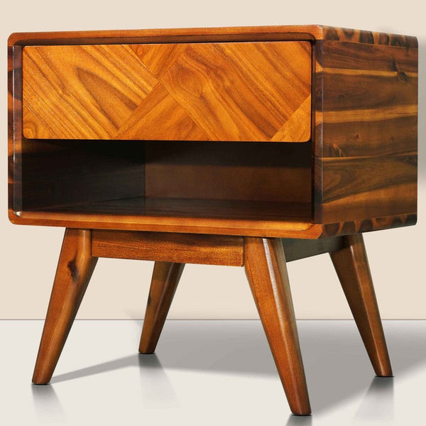 Parquet-Front Acacia Wood Nightstand styled beside a bed with a lamp and book