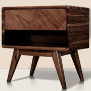 Parquet-Front Acacia Wood Nightstand — back and side profile detail
