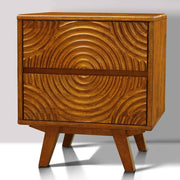 Carved Wood Two-Drawer Nightstand — back and side profile detail