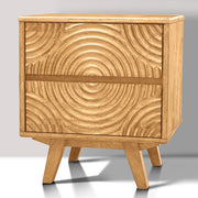 Carved Wood Two-Drawer Nightstand styled beside a bed with a lamp and book