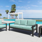 Striped Olefin Outdoor Sofa — Dark aluminum frame, striped olefin cushions, three-seat outdoor sofa