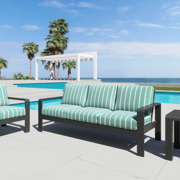 Striped Olefin Outdoor Sofa — Dark aluminum frame, striped olefin cushions, three-seat outdoor sofa