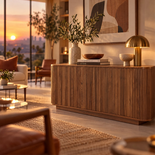 64″ Fluted Walnut-Finish Low-Profile Sideboard