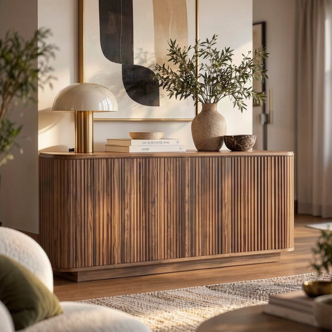 64″ Fluted Walnut-Finish Low-Profile Sideboard