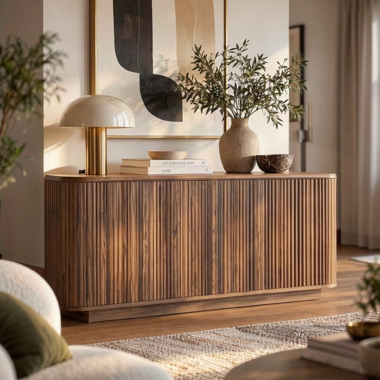 64″ Fluted Walnut-Finish Low-Profile Sideboard