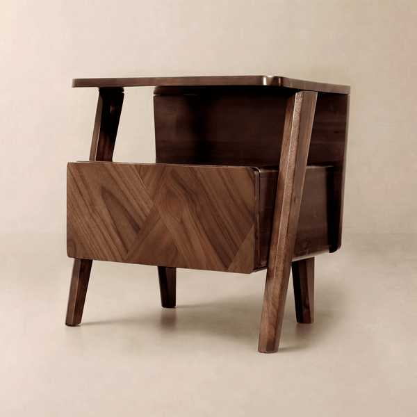 Chevron-Front Solid Acacia Nightstand — Solid acacia nightstand with chevron drawer and open lower shelf
