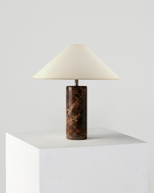 Natural Stone Cylinder Table Lamp — Stone cylinder base and cotton shade for calm, considered bedside light