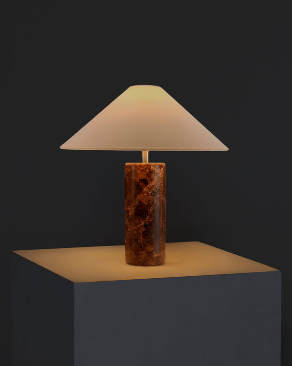 Natural Stone Cylinder Table Lamp styled with ceramics and a linen runner