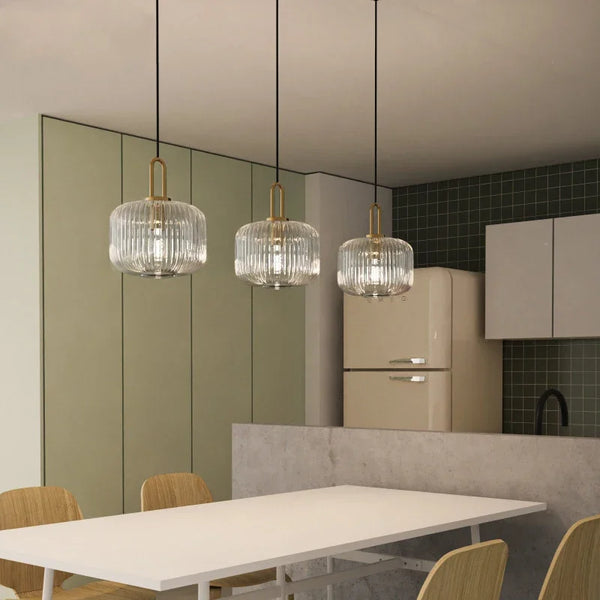 Ribbed Clear Glass Brass Pendant Light