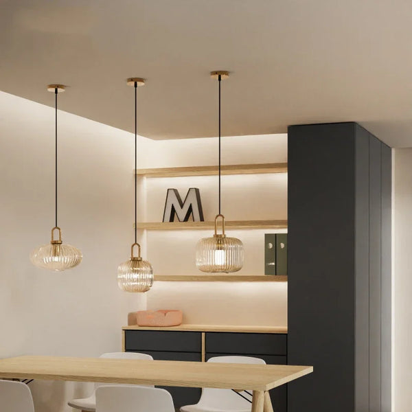 Ribbed Clear Glass Brass Pendant Light