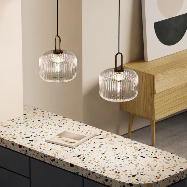 Ribbed Clear Glass Brass Pendant Light