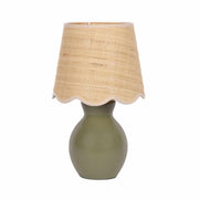 Matte Ceramic Scallop-Shade Table Lamp styled with ceramics and a linen runner