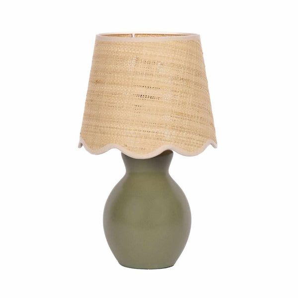 Matte Ceramic Scallop-Shade Table Lamp styled with ceramics and a linen runner
