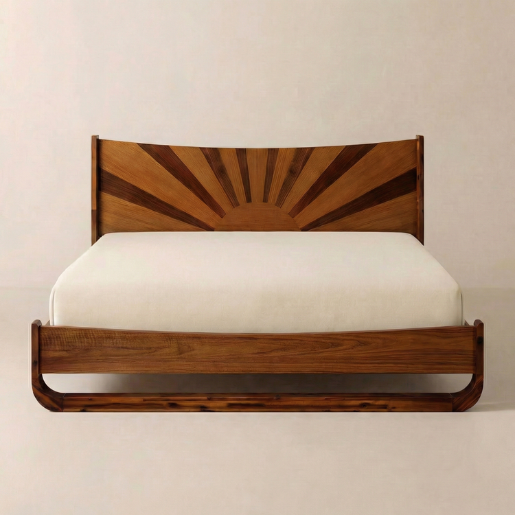 Sunburst Solid Wood Bed Frame — Solid wood bed frame with radiating sunburst headboard and curved footboard rails