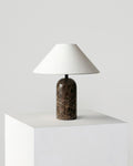 Natural Stone Arch Table Lamp — Arch stone base lamp in brown marble or travertine with fabric shade