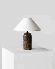 Natural Stone Arch Table Lamp — Arch stone base lamp in brown marble or travertine with fabric shade