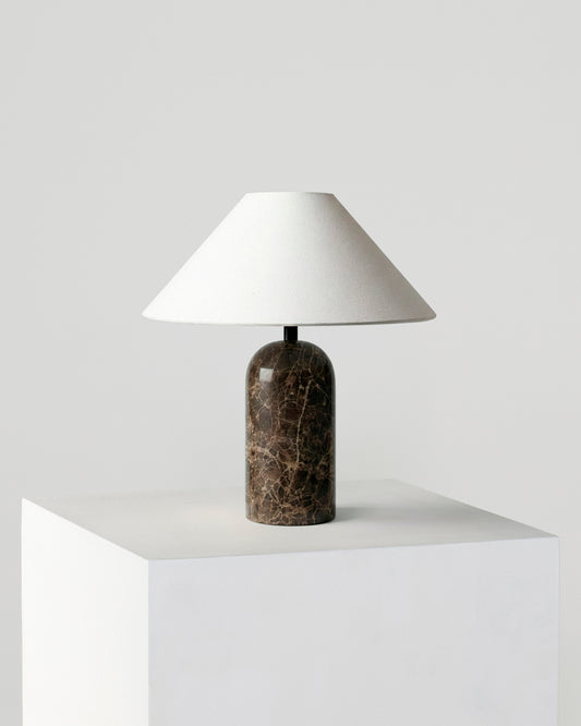 Natural Stone Arch Table Lamp — Arch stone base lamp in brown marble or travertine with fabric shade