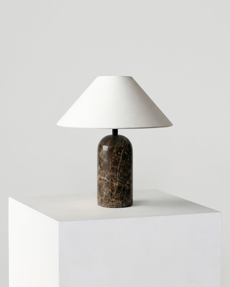 Natural Stone Arch Table Lamp — Arch stone base lamp in brown marble or travertine with fabric shade