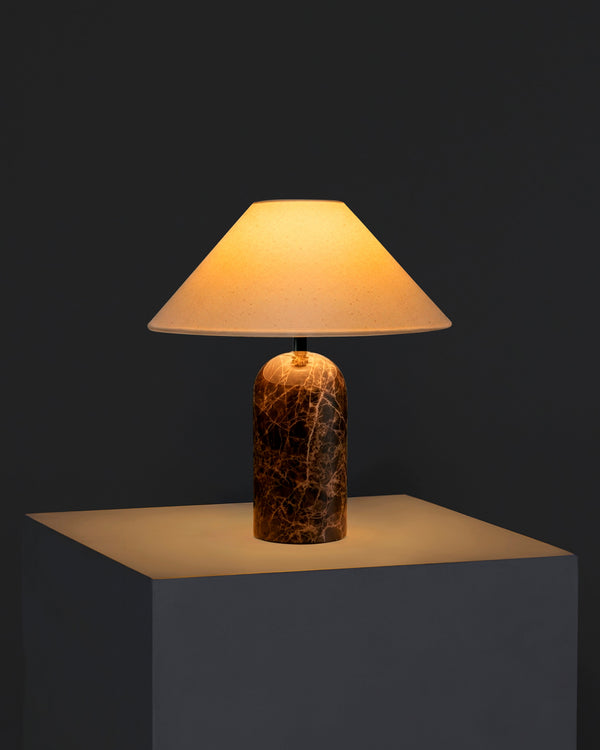 Natural Stone Arch Table Lamp styled with ceramics and a linen runner