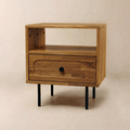 Solid Wood Single-Drawer Nightstand — Solid Hevea wood nightstand with open shelf, drawer, and steel legs
