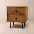 Solid Wood 2-Drawer Nightstand — Solid Hevea wood nightstand with two drawers and matte-black metal legs
