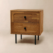 Solid Wood 2-Drawer Nightstand — Solid Hevea wood nightstand with two drawers and matte-black metal legs