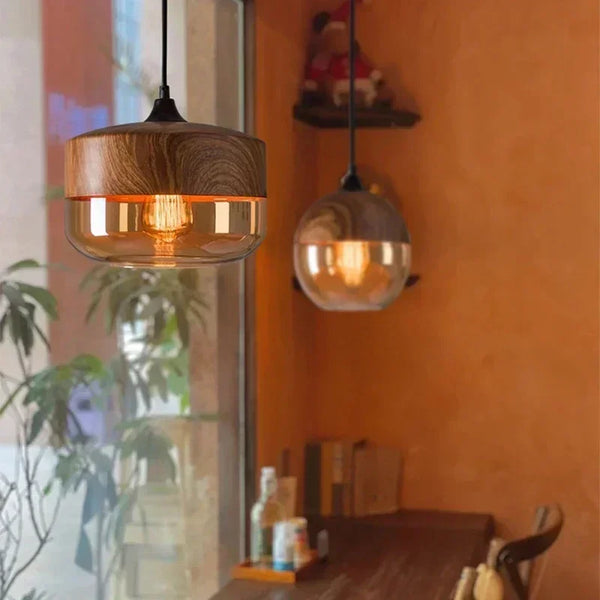 Wood-Grain Cap Glass Pendant Light