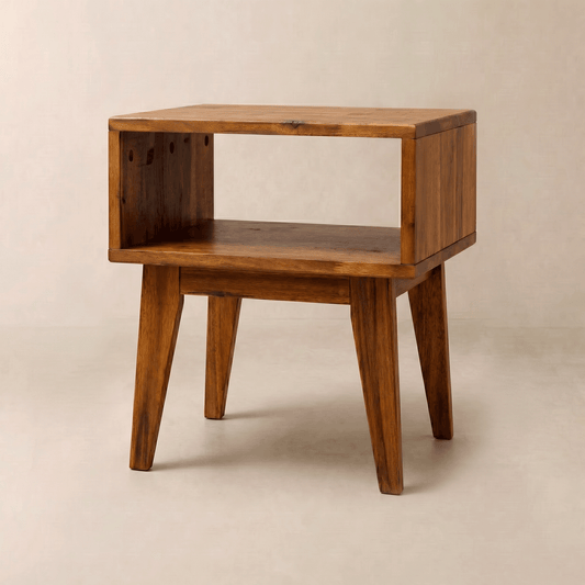 Open-Shelf Acacia Wood Nightstand — Solid acacia nightstand with open shelf and tapered legs, six finishes