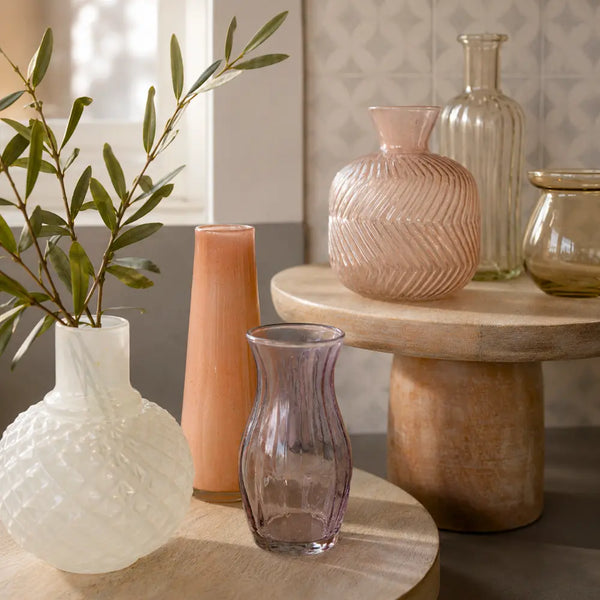 6 white vases, round bulbous, cylinder, teardrop, ribbed sphere
