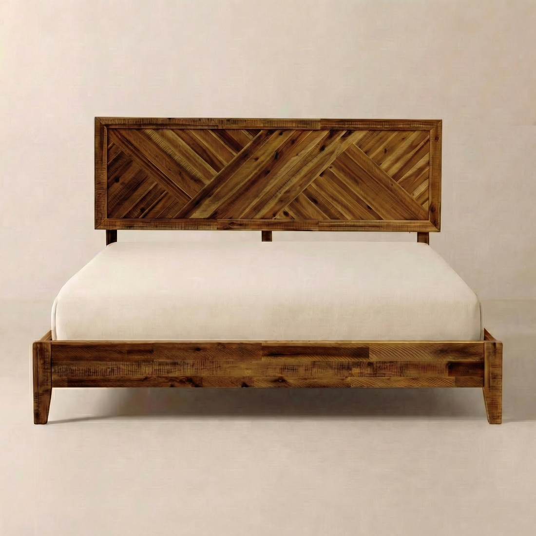 Parquet-Headboard Solid Wood Bed Frame — Hand-laid chevron headboard in solid wood — Queen or King, three finishes