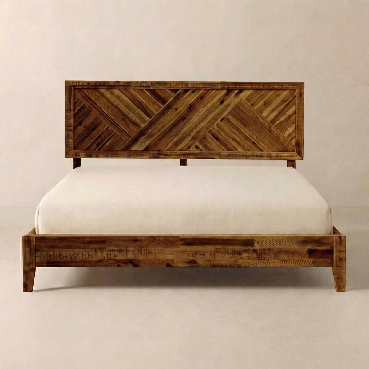 Parquet-Headboard Solid Wood Bed Frame — Hand-laid chevron headboard in solid wood — Queen or King, three finishes