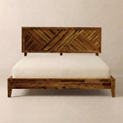 Parquet-Headboard Solid Wood Bed Frame — Hand-laid chevron headboard in solid wood — Queen or King, three finishes
