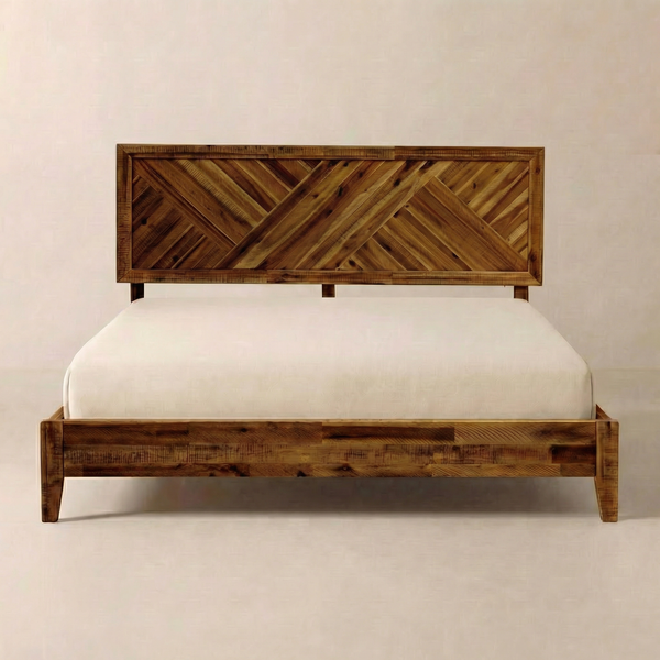 Parquet-Headboard Solid Wood Bed Frame — Hand-laid chevron headboard in solid wood — Queen or King, three finishes