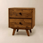 Two-Drawer Solid Wood Nightstand — Solid wood nightstand with two drawers and tapered mid-century legs