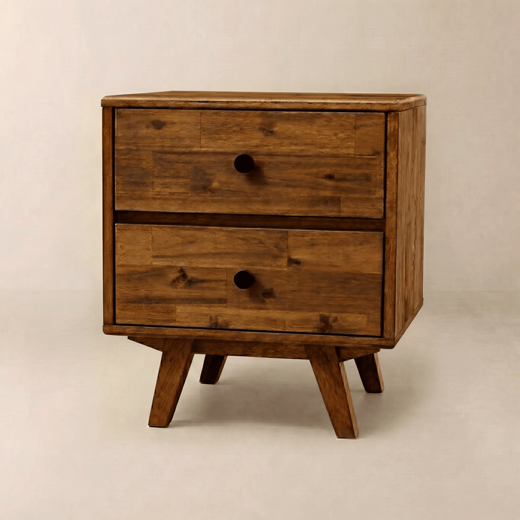 Two-Drawer Solid Wood Nightstand — Solid wood nightstand with two drawers and tapered mid-century legs
