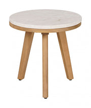 Travertine-Top Acacia Round Side Table styled with ceramics and a linen runner