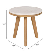 Travertine-Top Acacia Round Side Table — scale reference and proportion detail