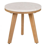 Travertine-Top Acacia Round Side Table — Round travertine-finish top on splayed acacia legs — quietly grounded