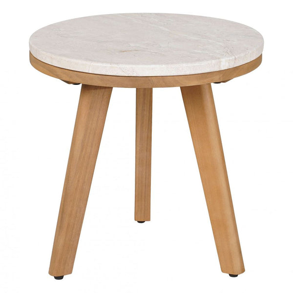Travertine-Top Acacia Round Side Table — Round travertine-finish top on splayed acacia legs — quietly grounded