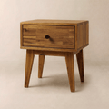 Mid-Century Wood Nightstand — Tapered-leg wood nightstand with single drawer, in three warm finishes
