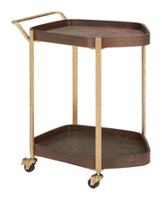 Wood-Grain Tray Two-Tier Bar Cart styled on a console with ceramics and books