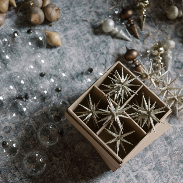 Gold Glitter Starburst Ornaments, Set of 4