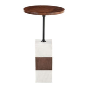 Marble and Mango Wood Round Side Table — Round mango wood top on a striped marble and iron pedestal base
