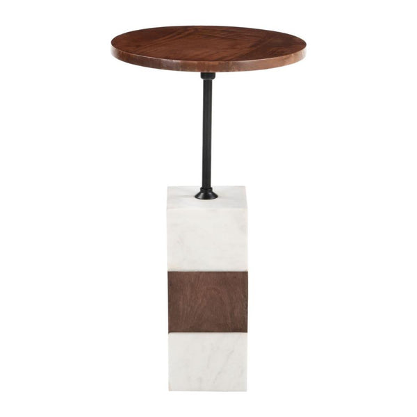 Marble and Mango Wood Round Side Table — Round mango wood top on a striped marble and iron pedestal base