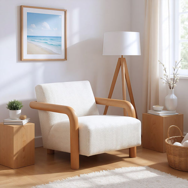 Boucle Upholstered Wood-Arm Accent Chair — Cream boucle upholstery with rounded ash-finish wood arms and sturdy legs
