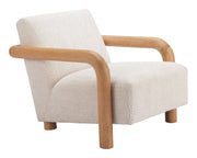 Boucle Upholstered Wood-Arm Accent Chair — scale reference and proportion detail