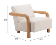 Boucle Upholstered Wood-Arm Accent Chair — detail of finish and surface variation